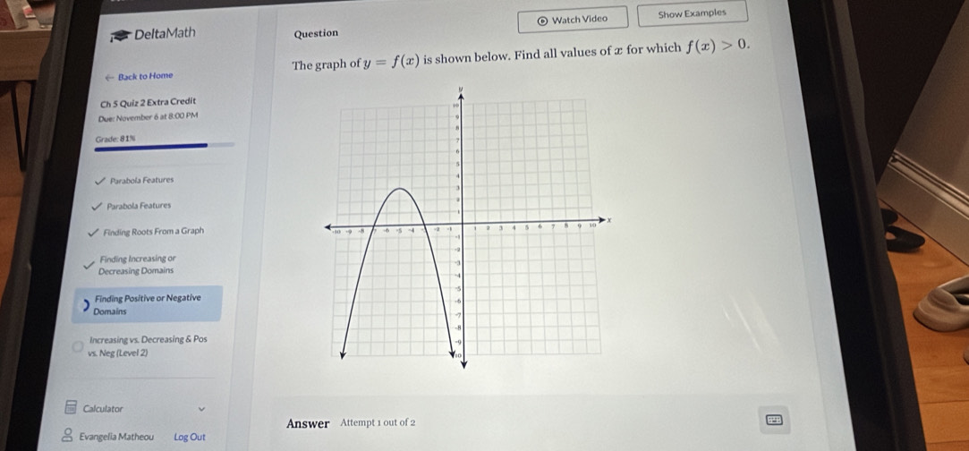 DeltaMath Watch Video Show Examples 
Question 
Back to Home The graph of y=f(x) is shown below. Find all values of æ for which f(x)>0. 
Ch 5 Quiz 2 Extra Credit 
Due: November 6 at 8:00 PM 
Grade: 81% 
Parabola Features 
Parabola Features 
Finding Roots From a Graph 
Finding Increasing or 
Decreasing Domains 
Finding Positive or Negative 
Domains 
Increasing vs. Decreasing & Pos 
vs. Neg (Level 2) 
Calculator 
Answer Attempt 1 out of 2 
Evangelia Matheou Log Out