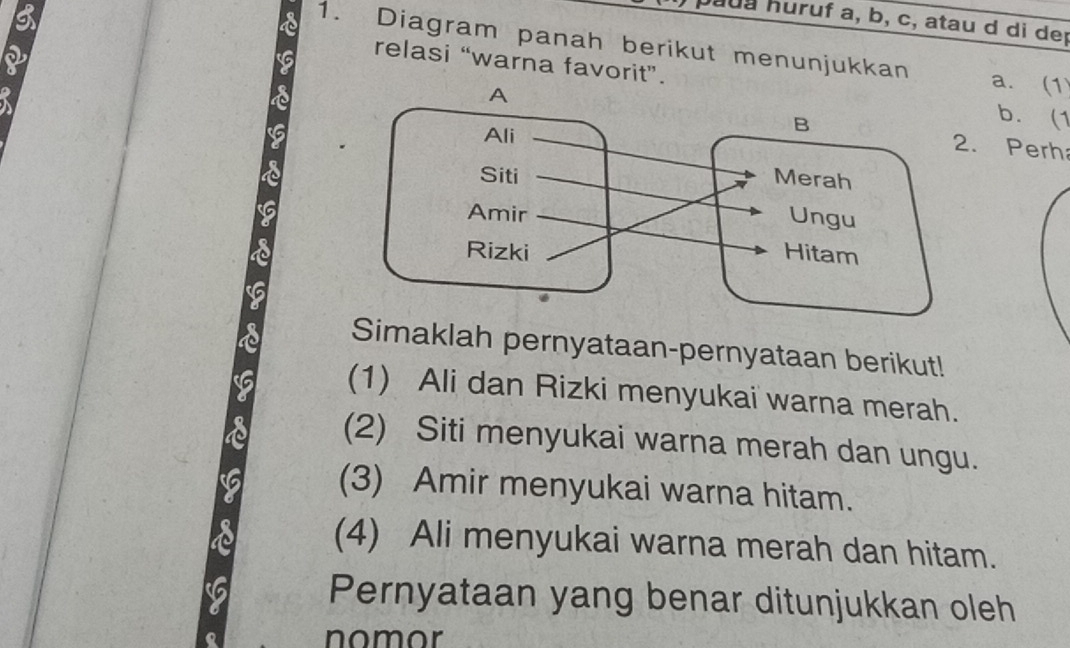 haua huruf a, b, c, atau d di der 
1. Diagram panah berikut menunjukkan a. (1 
2 
relasi “warna favorit”. 
b. (1 
. Perh 
Simaklah pernyataan-pernyataan berikut! 
(1) Ali dan Rizki menyukai warna merah. 
(2) Siti menyukai warna merah dan ungu. 
(3) Amir menyukai warna hitam. 
(4) Ali menyukai warna merah dan hitam. 
Pernyataan yang benar ditunjukkan oleh 
nomor