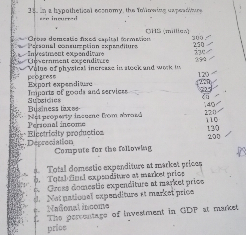 In a hypothetical economy, the following expenditure 
are incurred 
GHS (million) 
Gross domestic fixed capital formation 300
Personal consumption expenditure 250
Investment expenditure 230
Government expenditure 290
Value of physical increase in stock and work in 
progress 120
Export expenditure 220 225
Imports of goods and services 
Subsidies 60
Business taxes 140
Net property income from abroad 220
Personal income 110
Electricity production 130
Depreciation 200
Compute for the following 
a. Total domestic expenditure at market prices 
b. Total final expenditure at market price 
. Gross domestic expenditure at market price 
d. Net national expenditure at market price 
é National income 
f. The percentage of investment in GDP at market 
price