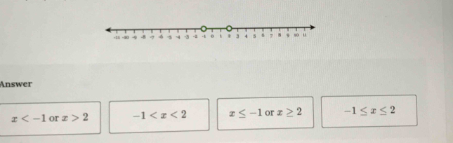 Answer
x or x>2 -1 x≤ -1 or x≥ 2 -1≤ x≤ 2