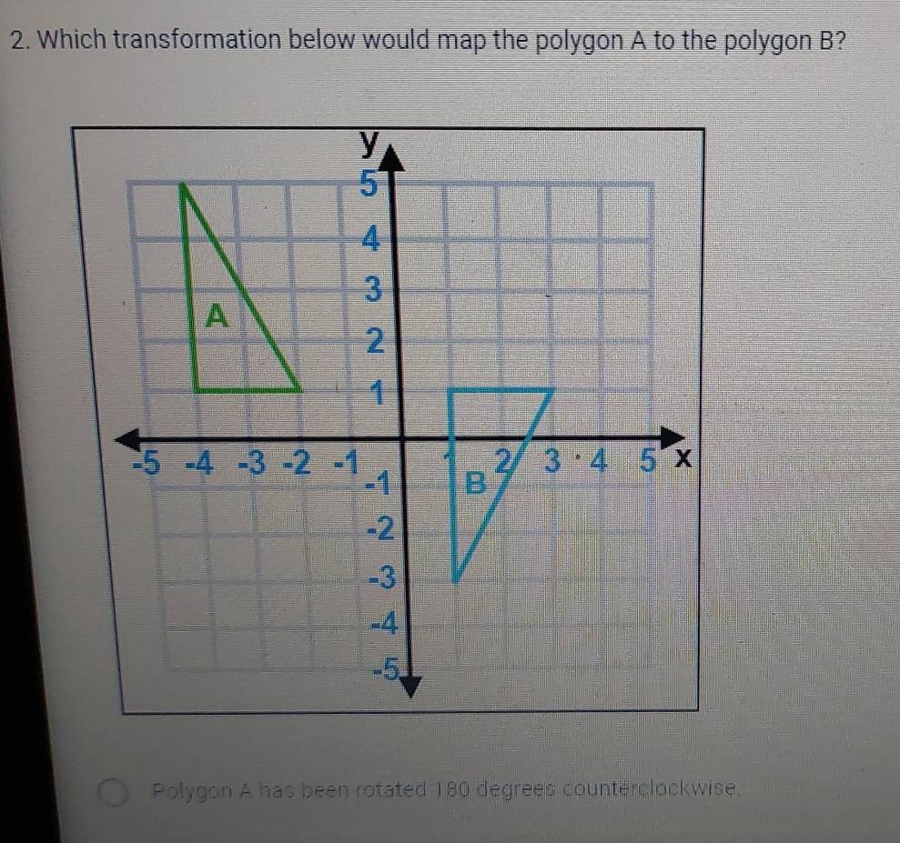 Which transformation below would map the polygon A to the polygon B? 
Polygon A has been rotated 180 degrees counterclockwise.