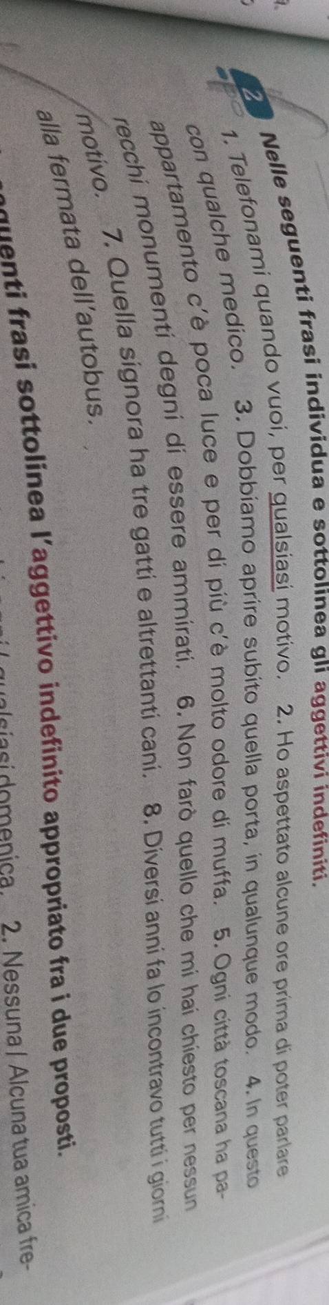 Nelle seguenti frasi individua e sottolinea gli aggettivi indefiniti. 
1. Telefonami quando vuoi, per qualsiasi motivo. 2. Ho aspettato alcune ore prima di poter parlare 
con qualche medico. 3. Dobbiamo aprire subito quella porta, in qualunque modo. 4. In questo 
appartamento c'è poca luce e per di più c'è molto odore di muffa. 5.Ogni città toscana ha pa- 
recchi monumenti degni di essere ammirati. 6. Non farò quello che mi hai chiesto per nessun 
motivo. 7. Quella signora ha tre gatti e altrettanti cani. 8. Diversi anni fa lo incontravo tutti i giorni 
alla fermata dell’autobus. 
quenti frasi sottolinea l’aggettivo indefinito appropriato fra i due proposti. 
alia si domenica. 2. Nessuna / Alcuna tua amica fre-