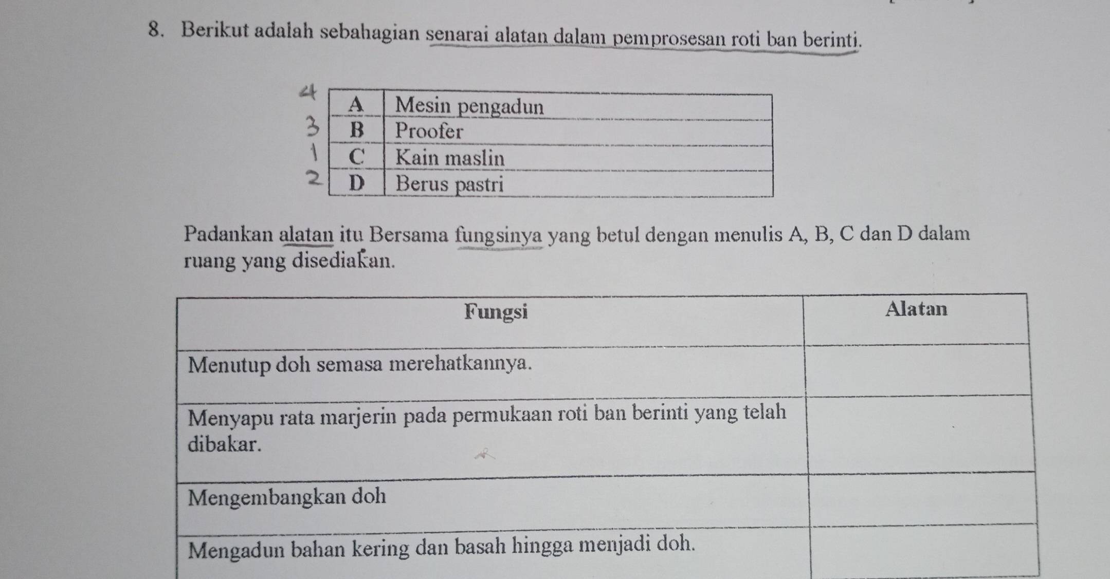 Berikut adalah sebahagian senarai alatan dalam pemprosesan roti ban berinti. 
Padankan alatan itu Bersama fungsinya yang betul dengan menulis A, B, C dan D dalam 
ruang yang disediakan.