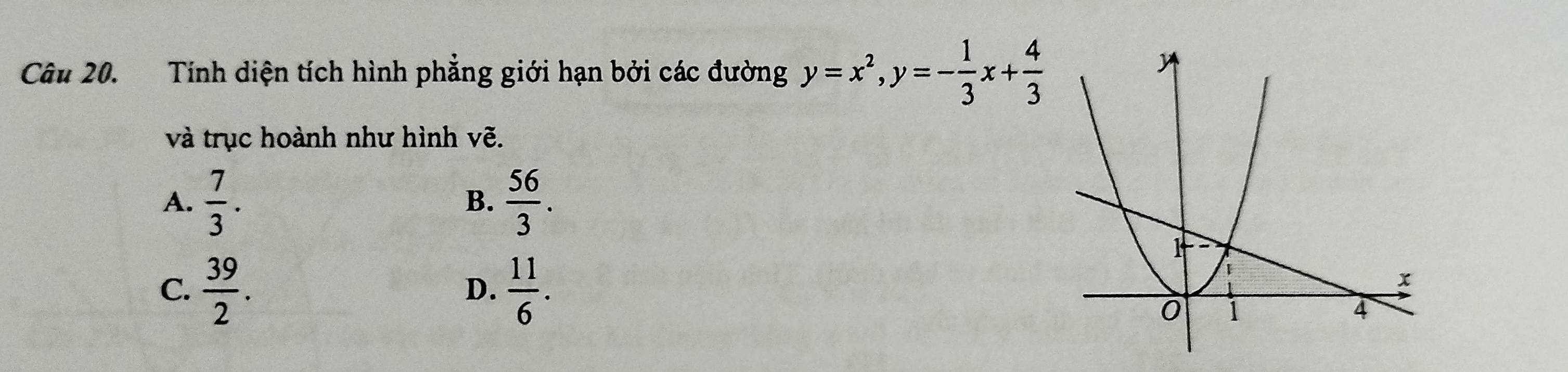 Tính diện tích hình phẳng giới hạn bởi các đường y=x^2, y=- 1/3 x+ 4/3 
và trục hoành như hình vẽ.
A.  7/3 .  56/3 . 
B.
C.  39/2 .  11/6 . 
D.