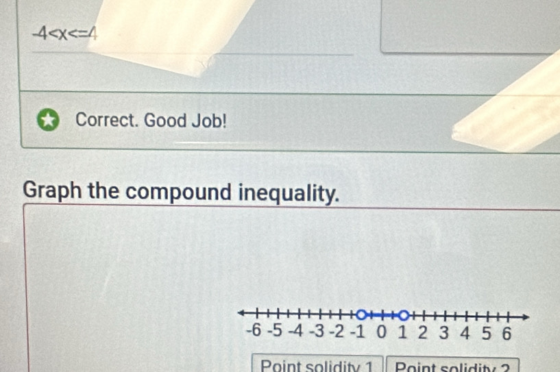 -4
Correct. Good Job! 
Graph the compound inequality. 
Point solidity 1 Point solidity 2