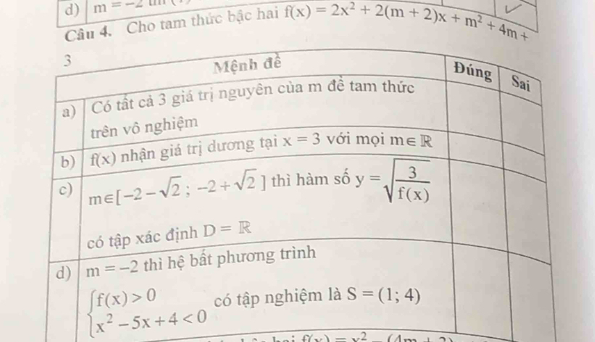 m=-2tan
Câu 4. Cho tam thức bậc hai
f(x)=2x^2+2(m+2)x+m^2+4m+
f(x)=x^2