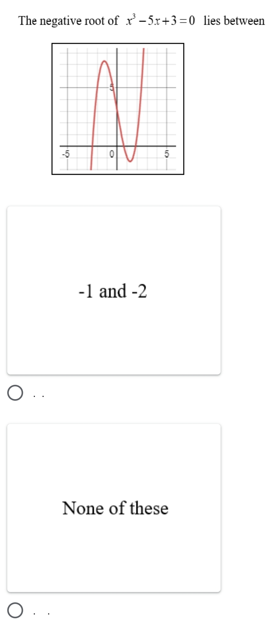 The negative root of x^3-5x+3=0 lies between
-1 and -2
· .
None of these