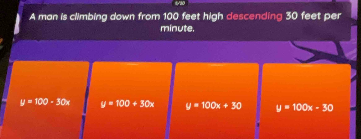 6/20
A man is climbing down from 100 feet high descending 30 feet per
minute.
y=100-30x y=100+30x y=100x+30 y=100x-30