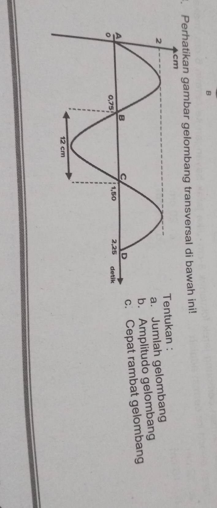 Perhatikan gambar gelombang transversal di bawah ini! 
entukan : 
. Jumlah gelombang 
b. Amplitudo gelombang 
c. Cepat rambat gelombang