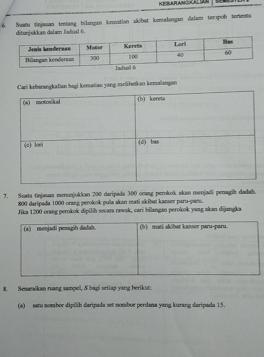 KEBARANGKALIAN 
6. Suatu tinjauan tentang bilangan kematian akibat kemalangan dalam tempoh tertentu 
ditunjukkan dalam Jadual 6. 
Cari kebarangkalian bagi kematian yang melibatkan kemalangan 
7. Suatu tinjauan menunjukkan 200 daripada 300 orang perokok akan menjadi penagih dadah.
800 daripada 1000 orang perokok pula akan mati akibat kanser paru-paru. 
Jika 1200 orang perokok dipilih secara rawak, cari bilangan perokok yang akan dijangka 
8. Senaraikan ruang sampel, S bagi setiap yang berikut: 
(a) satu nombor dipilih daripada set nombor perdana yang kurang daripada 15.