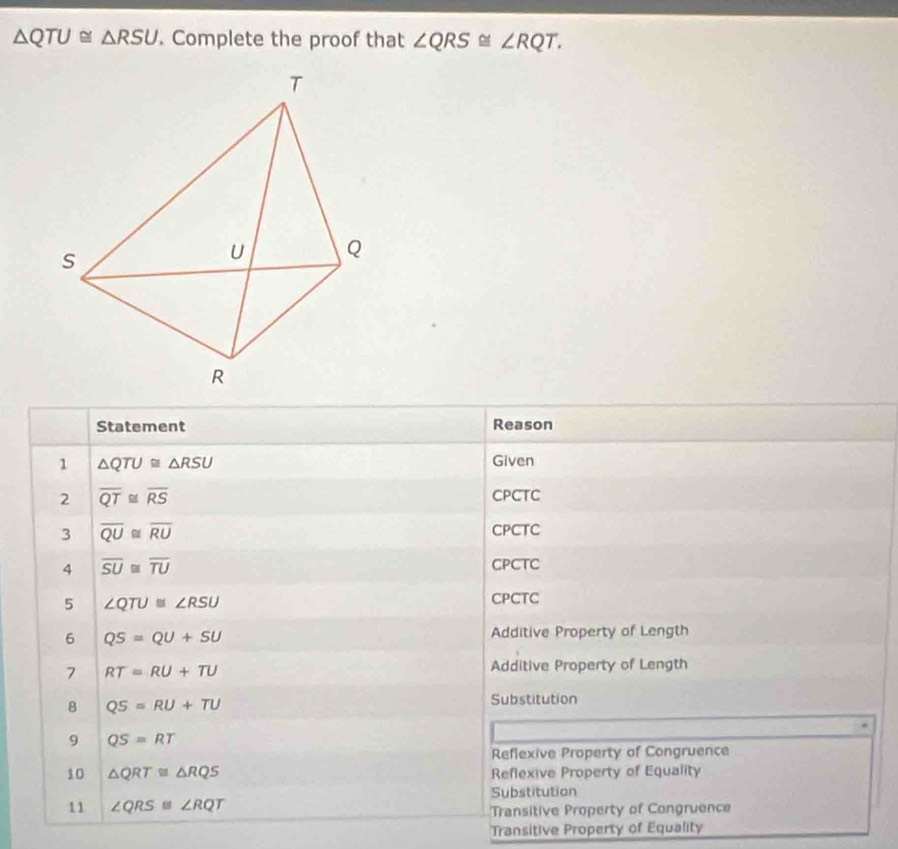 △ QTU≌ △ RSU. Complete the proof that ∠ QRS≌ ∠ RQT. 
Statement Reason 
1 △ QTU≌ △ RSU
Given 
2 overline QT≌ overline RS
CPCTC 
3 overline QU≌ overline RU
CPCTC 
4 overline SU≌ overline TU
CPCTC 
5 ∠ QTU≌ ∠ RSU
CPCTC 
6 QS=QU+SU Additive Property of Length 
7 RT=RU+TU Additive Property of Length 
8 QS=RU+TU
Substitution 
9 QS=RT
Reflexive Property of Congruence 
10 △ QRT≌ △ RQS Reflexive Property of Equality 
Substitution 
11 ∠ QRS≌ ∠ RQT
Transitive Property of Congruence 
Transitive Property of Equality