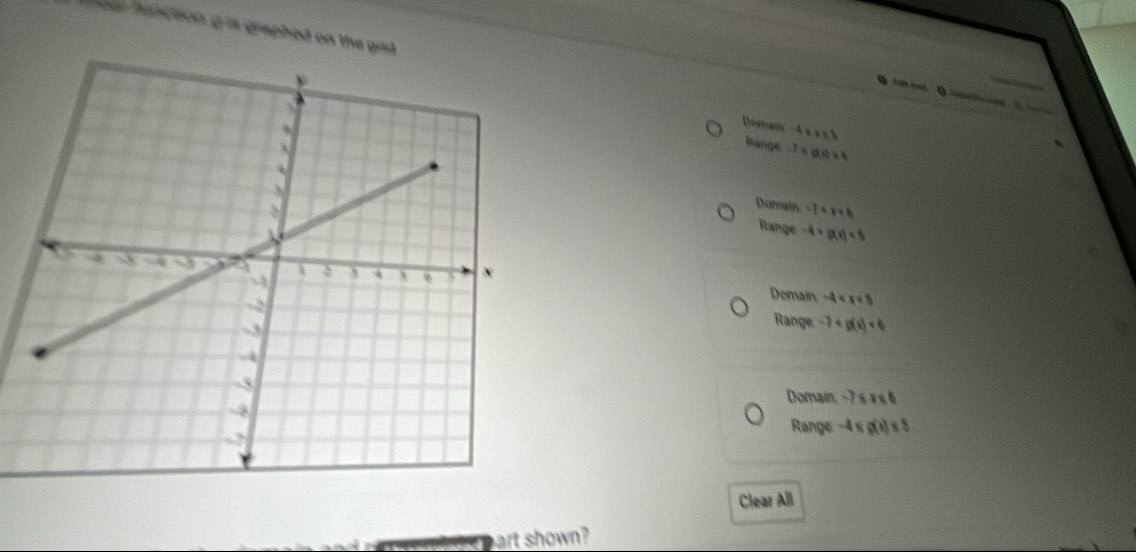 ar hinction g is graphed on the grd .
a

Domasn 4* π )
Range -1=g(x))<6</tex>
Domain -7+x+6
Range -4* (f(x))<5</tex>
Domain
-4
Range. -7 <0</tex>
Domain -7≤ x≤ 6
Range -4≤ g(x)≤ 5
Clear All
art shown?