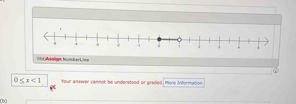 WebAssign NumberLine
0≤ x<1</tex> Your answer cannot be understood or graded : More Information 
(b)