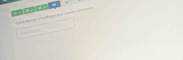 0)√ 
o 2 or √ Q Qs 
Name the type of pathogen that causes salmonella. 
f etiramaet .