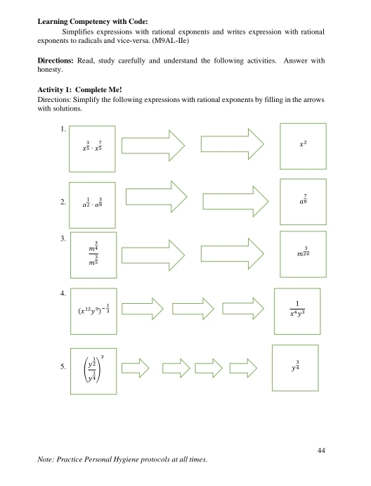 Learning Competency with Code: 
Simplifies expressions with rational exponents and writes expression with rational 
exponents to radicals and vice-versa. (M9AL-IIe) 
Directions: Read, study carefully and understand the following activities. Answer with 
honesty. 
Activity 1: Complete Me! 
Directions: Simplify the following expressions with rational exponents by filling in the arrows 
with solutions. 
1.
x^(frac 3)5· x^(frac 7)5
□ x^2
2. a^(frac 1)2· a^(frac 3)8 □ ()__ ) □  a^(frac 7)8
3.
frac m^(frac 3)4m^(frac 3)5 □ □ m^(frac 3)20
4.
(x^(12)y^9)^- 1/3  _ > (-y-()=()^2) □  1/x^4y^3 
5. (frac y^(frac 1)2y^(frac 1)4)^3
y^(frac 3)4
44 
Note: Practice Personal Hygiene protocols at all times.