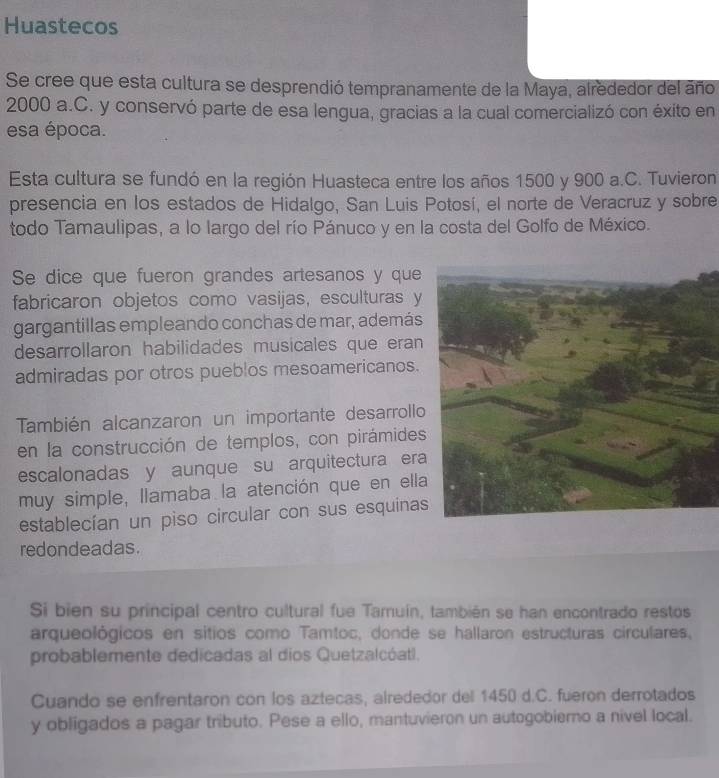 Huastecos 
Se cree que esta cultura se desprendió tempranamente de la Maya, alrededor del año
2000 a.C. y conservó parte de esa lengua, gracias a la cual comercializó con éxito en 
esa época. 
Esta cultura se fundó en la región Huasteca entre los años 1500 y 900 a.C. Tuvieron 
presencia en los estados de Hidalgo, San Luis Potosí, el norte de Veracruz y sobre 
todo Tamaulipas, a lo largo del río Pánuco y en la costa del Golfo de México. 
Se dice que fueron grandes artesanos y que 
fabricaron objetos como vasijas, esculturas y 
gargantillas empleando conchas de mar, además 
desarrollaron habilidades musicales que eran 
admiradas por otros pueblos mesoamericanos. 
También alcanzaron un importante desarrollo 
en la construcción de templos, con pirámides 
escalonadas y aunque su arquitectura era 
muy simple, llamaba la atención que en ell 
establecían un piso circular con sus esquinas 
redondeadas. 
Si bien su principal centro cultural fue Tamuín, también se han encontrado restos 
arqueológicos en sitios como Tamtoc, donde se hallaron estructuras circulares, 
probablemente dedicadas al dios Quetzalcóatl. 
Cuando se enfrentaron con los aztecas, alrededor del 1450 d.C. fueron derrotados 
y obligados a pagar tributo. Pese a ello, mantuvieron un autogobierno a nivel local.