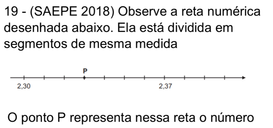 19 - (SAEPE 2018) Observe a reta numérica 
desenhada abaixo. Ela está dividida em 
segmentos de mesma medida 
O ponto P representa nessa reta o número