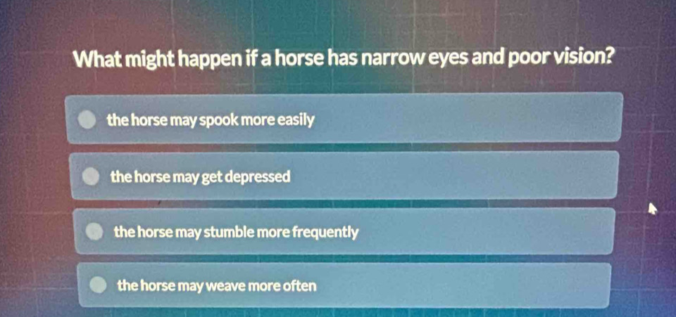 Solved: What might happen if a horse has narrow eyes and poor vision ...