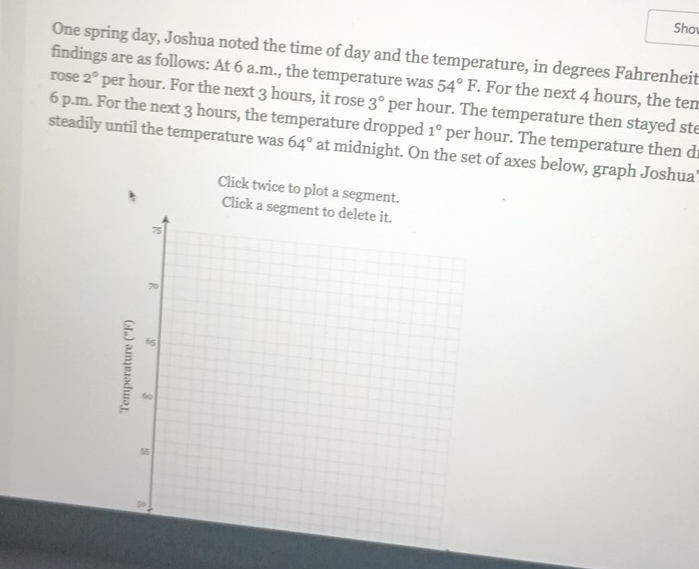 Sho 
One spring day, Joshua noted the time of day and the temperature, in degrees Fahrenheit 
findings are as follows: At 6 a.m., the temperature was 54°F. For the next 4 hours, the ten 
rose 2° per hour. For the next 3 hours, it rose 3° per hour. The temperature then stayed ste 
6 p.m. For the next 3 hours, the temperature dropped 1° per hour. The temperature then d 
steadily until the temperature was 64° at midnight. On the set of axes below, graph Joshua' 
Click twice to plot a segment.