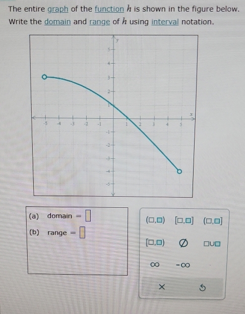 The entire graph of the function h is shown in the figure below. 
Write the domain and range of husing interval notation. 
(a) 1 omain =□
(□ ,□ ) [□ ,□ ] (□ ,□ ]
(b) a nge =□
[□ ,□ ) □ U□
∞ -∞