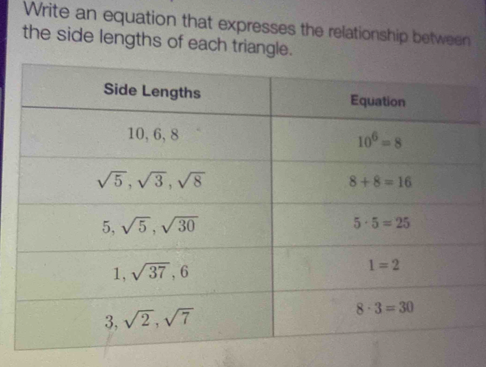 Write an equation that expresses the relationship between
the side lengths of each triangle.