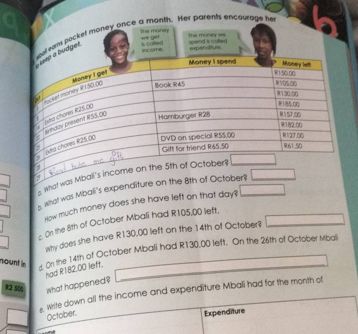 The money
earns pocket money once a month. Her parents encourage her
we get The money we
expenditure.
dge 
is called spend is called 
4. What
b. What was Mbali's expendi
 1/2 
How much money does she have left on that day? □
c. On the 8th of October Mbali had R105,00 left.
Why does she have R130,00 left on the 14th of October? □
nount in d. On the 14th of October Mbali had R130,00 left. On the 26th of October Mbali
had R182,00 left.
R2 500 What happened?
e. Write down all the income and expenditure Mbali had for the month of
October.
Expenditure