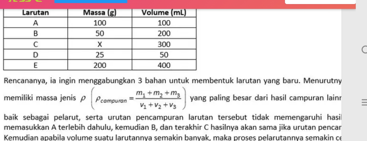 Rencananya, ia ingin menggabungkan 3 bahan untuk membentuk larutan yang baru. Menurutny 
memiliki massa jenis rho (rho _campuran=frac m_1+m_2+m_3v_1+v_2+v_3) yang paling besar dari hasil campuran lainr 
baik sebagai pelarut, serta urutan pencampuran larutan tersebut tidak memengaruhi hasil 
memasukkan A terlebih dahulu, kemudian B, dan terakhir C hasilnya akan sama jika urutan pencan 
Kemudian apabila volume suatu larutannya semakin banvak, maka proses pelarutannya semakin ce