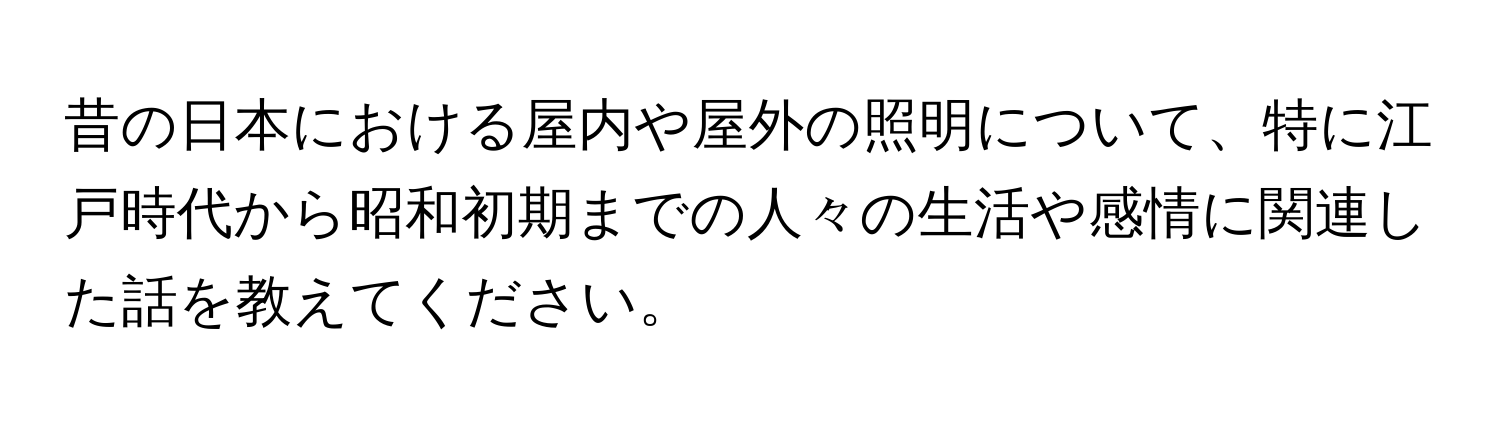 昔の日本における屋内や屋外の照明について、特に江戸時代から昭和初期までの人々の生活や感情に関連した話を教えてください。