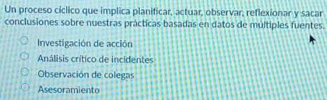 Un proceso cíclico que implica planificar, actuar, observar, reflexionar y sacar
conclusiones sobre nuestras prácticas basadas en datos de múltiples fuentes.
Investigación de acción
Análisis crítico de incidentes
Observación de colegas
Asesoramiento