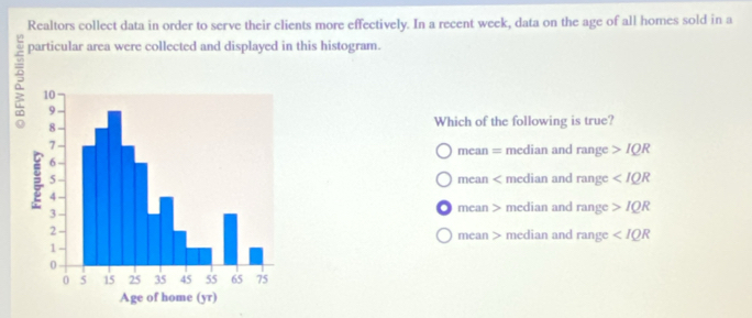 Realtors collect data in order to serve their clients more effectively. In a recent week, data on the age of all homes sold in a
particular area were collected and displayed in this histogram.
Which of the following is true?
mean = median and range IQR
mean < median and range 
mean > median and range IQR
mean > median and range