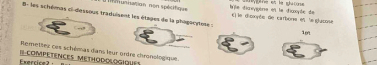 dluxygène et le glucose
u Immunisation non spécifique b)le dioxygène et le dioxyde de
B- les schémas ci-dessous traduisent les étapes de la phagocytose :
c) le dioxyde de carbone et le glucose
1pt
Remettez ces schémas dans leur ordre chronologique.
II-COMPETENCES METHODOLOGIOUFS
Exercice2 ·