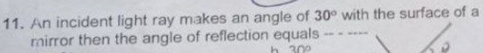 An incident light ray makes an angle of 30° with the surface of a 
mirror then the angle of reflection equals -- - ---- 
h 30°