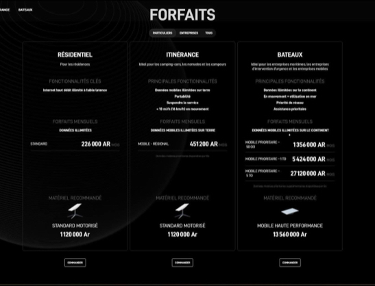 Wi HATEACIN FORFAITS
PURTCULERS -
RESIDENTIEL ITINERANCE BATEAUX
Pout les résifennc es Méat pour les compéeg-sons. les nomades et lies campours 100al pour lies enmprises insritines, les entmarises
d'intervontion d'aponc e et les cncmprises inobiles
FONCTIONNALITES CLES PRINCIPALES FONCTIONNALITES PrinciPAles foncTiONnAlités
taterset Saut débét illarhé à faibée Satence Connées mabilles Hanhées out serre Pertsbitité Données lmitées sur la comtinest Es mouverent + vtlisation es mar
«1 mith 16 lnrhd-en mouroment Sespendra la servica Assistance prienitaire Prertó de vsnas
FORFAITS MENSUELS FORFAITS MENSUELS FORFAITS MENSUELS
DoNVEES HLItées données mobiles illimitées sur terre DONNEES MOBILES ILLIMTIES SUR LE CONTMEN
226 000 AR man MOBILE - REGHONAL 451200 AR =□= MOBILE PRIORINRE- 400 1356000 AR hos
MOBNLE PRIOREINRE - 1 70 5 424 000 AR MO
MOBILE PRIOR/INRE - 610 27120 000 AR ==
MATÉRIEL RECOMMANDE MATéRIEL RECOMMANDE MATERIEL RECOMMANDE
STANDARD MOTORISE STANDARD MOTORISÉ MOBILE HAUTE PERFORMANCE
1120 000 Ar 1120 000 Ar 13 560 000 Ar