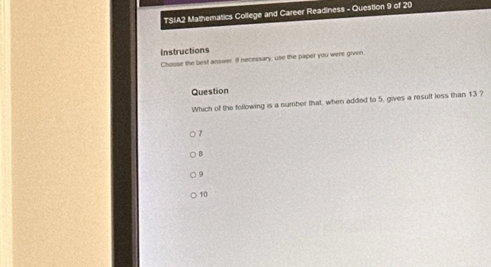 Solved: TSIA2 Mathematics College and Career Readiness - Question 9 of ...