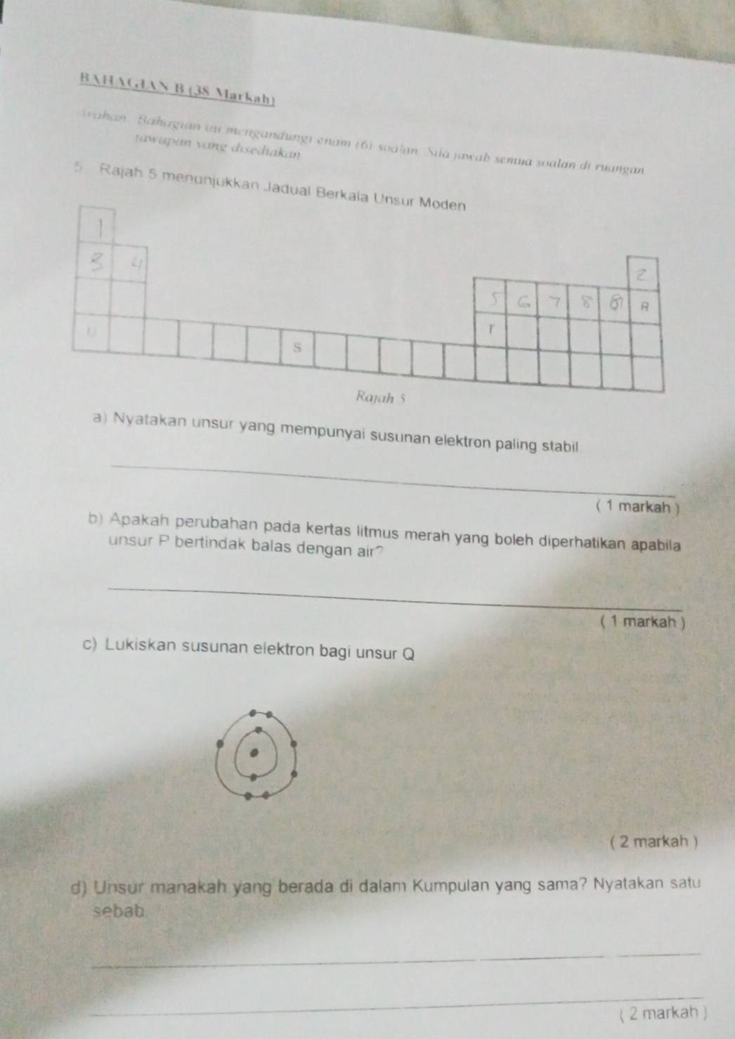 BAHAG4AN B (38 Markah) 
ahan Bähagian tu mengandungi enam (6) soalan. Sila jawab semua soalan di ruangan 
tawapan vang disediakan 
5 Rajah 5 menunjukkan Jadual Be 
_ 
a) Nyatakan unsur yang mempunyai susunan elektron paling stabil 
( 1 markah ) 
b) Apakah perubahan pada kertas litmus merah yang boleh diperhatikan apabila 
unsur P bertindak balas dengan air? 
_ 
( 1 markah ) 
c) Lukiskan susunan elektron bagi unsur Q
( 2 markah ) 
d) Unsur manakah yang berada di dalam Kumpulan yang sama? Nyatakan satu 
sebab 
_ 
_ 
( 2 markah )