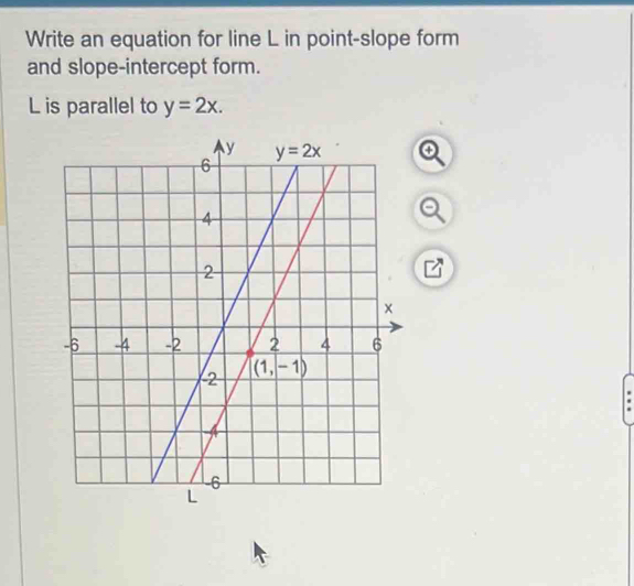 Write an equation for line L in point-slope form
and slope-intercept form.
L is parallel to y=2x.