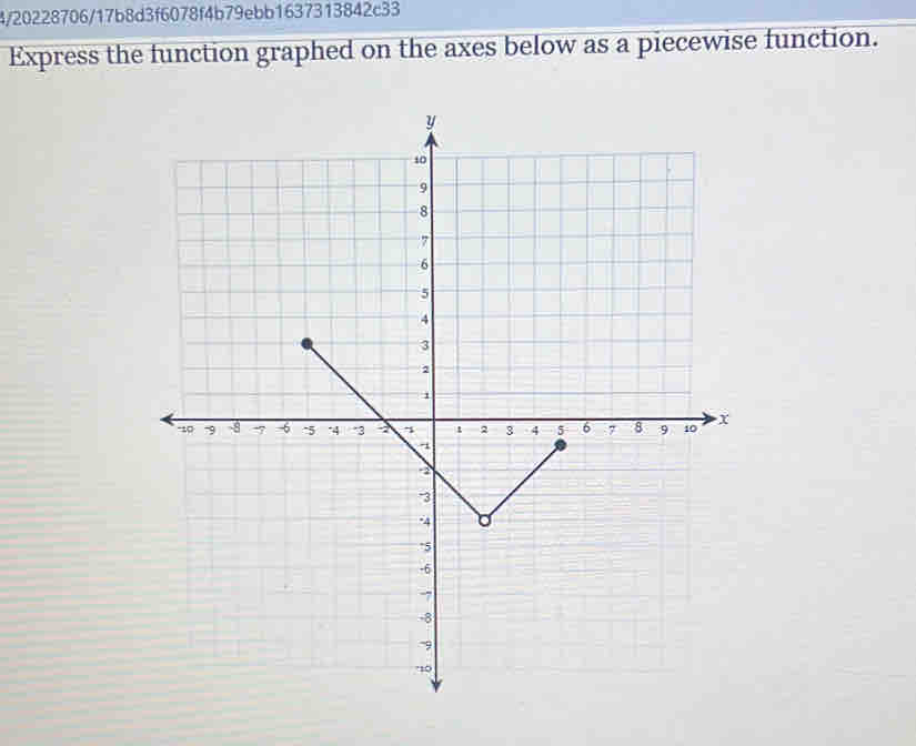 4/20228706/17b8d3f6078f4b79ebb1637313842c33 
Express the function graphed on the axes below as a piecewise function.