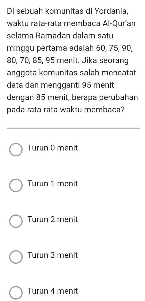 Di sebuah komunitas di Yordania,
waktu rata-rata membaca Al-Qur’an
selama Ramadan dalam satu
minggu pertama adalah 60, 75, 90,
80, 70, 85, 95 menit. Jika seorang
anggota komunitas salah mencatat
data dan mengganti 95 menit
dengan 85 menit, berapa perubahan
pada rata-rata waktu membaca?
Turun 0 menit
Turun 1 menit
Turun 2 menit
Turun 3 menit
Turun 4 menit