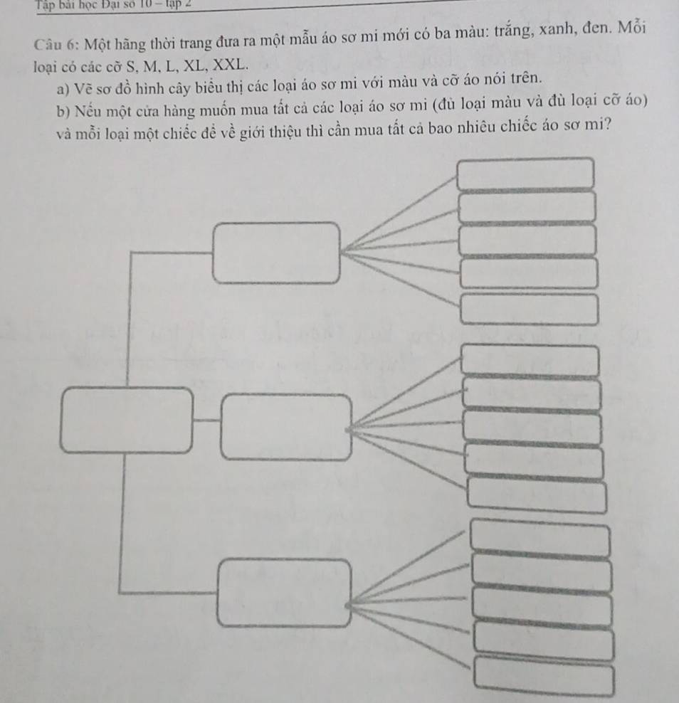 Tập bài học Đại số 10 - tập 2 
Câu 6: Một hãng thời trang đưa ra một mẫu áo sơ mi mới có ba màu: trắng, xanh, đen. Mỗi 
loại có các cỡ S, M, L, XL, XXL. 
a) Vẽ sơ đồ hình cây biểu thị các loại áo sơ mi với màu và cỡ áo nói trên. 
b) Nếu một cửa hàng muốn mua tắt cả các loại áo sơ mi (đù loại màu và đù loại cỡ áo) 
và mỗi loại một chiếc đề về giới thiệu thì cần mua tắt cả bao nhiêu chiếc áo sơ mi?