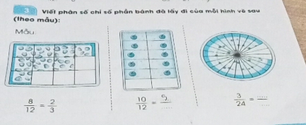 Viết phân số chỉ số phần bánh đã lấy đi của mỗi hình vẽ sau 
(theo mẫu): 
Mẫu
 8/12 = 2/3 
_
 3/24 = _