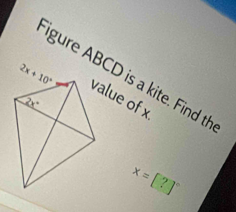 igure ABCD is a kite. Find th
value of x
x=[?]^circ 