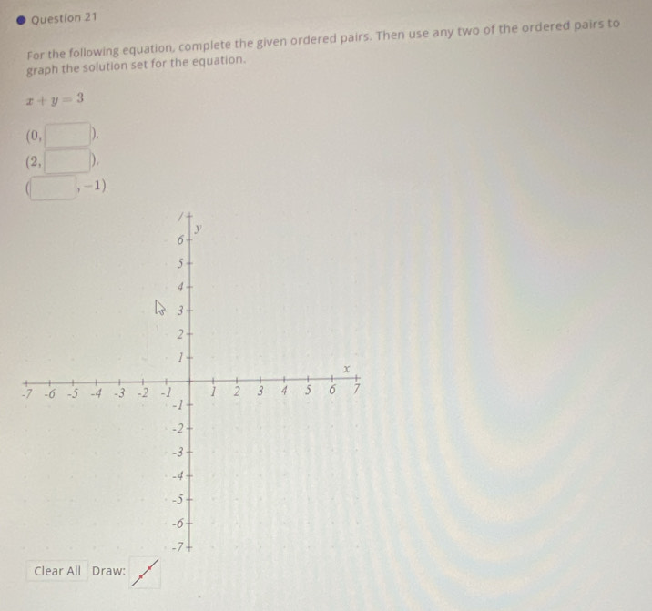 For the following equation, complete the given ordered pairs. Then use any two of the ordered pairs to
graph the solution set for the equation.
x+y=3
(0,□ ).
(2,□ ).
(□ ,-1)
Clear All Draw: