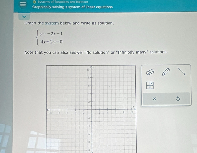 Systems of Equations and Matrices 
Graphically solving a system of linear equations 
Graph the system below and write its solution.
beginarrayl y=-2x-1 4x+2y=0endarray.
Note that you can also answer "No solution" or "Infinitely many" solutions. 
×
-10