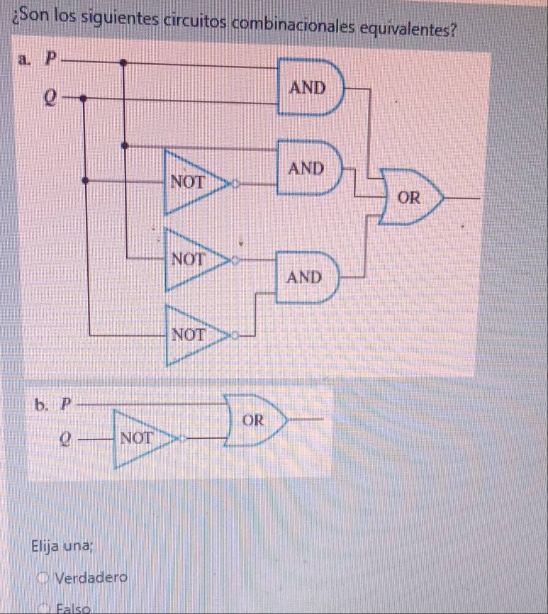 ¿Son los siguientes circuitos combinacionales equivalentes?
Elija una;
Verdadero
Falso