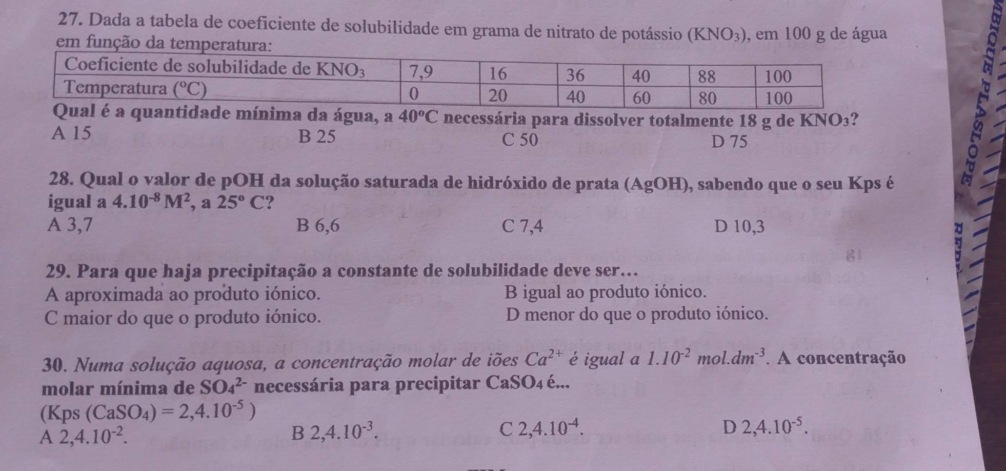 Solved: Dada a tabela de coeficiente de solubilidade em grama de ...