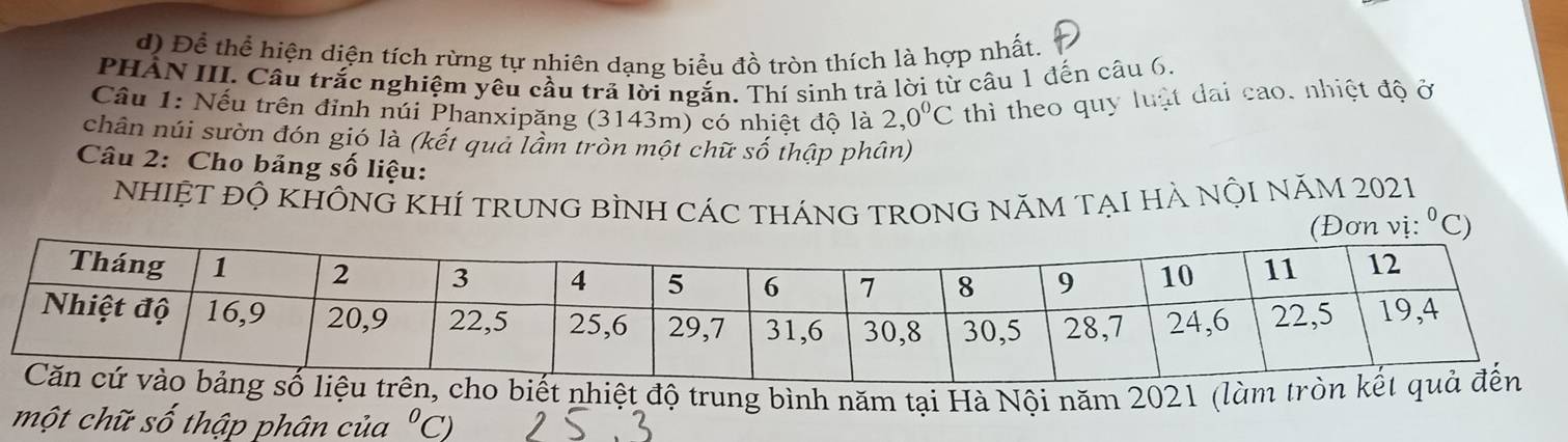 Để thể hiện diện tích rừng tự nhiên dạng biểu đồ tròn thích là hợp nhất.
PHẢN III. Câu trắc nghiệm yêu cầu trả lời ngắn. Thí sinh trả lời từ câu 1 đến câu 6.
Cầu 1: Nếu trên đỉnh núi Phanxipăng (3143m) có nhiệt độ là 2,0°C thì theo quy luật dai cao, nhiệt độ ở
chân núi sườn đón gió là (kết quả lầm tròn một chữ số thập phân)
Câu 2: Cho bảng số liệu: 
NhIỆT đỘ KHÔNG KHÍ TRUNG bÌNH CáC tHáNG TRONG NăM TẠI HẢ nộI NăM 2021
cho biết nhiệt độ trung bình năm tại Hà Nội năm 2021 (làm trò
một chữ số thập phân của°C)