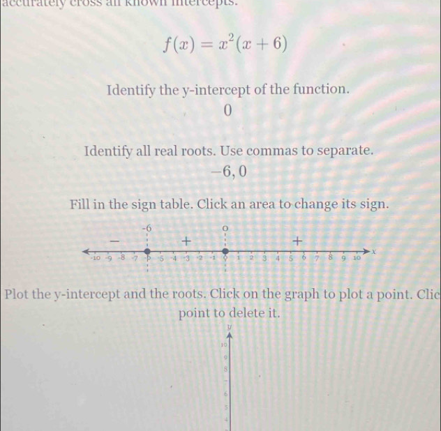 accurately cross an known intercepts.
f(x)=x^2(x+6)
Identify the y-intercept of the function.
0
Identify all real roots. Use commas to separate.
-6, 0
Fill in the sign table. Click an area to change its sign. 
Plot the y-intercept and the roots. Click on the graph to plot a point. Clic 
point to delete it.
y
10
9
8
-
6
5
4