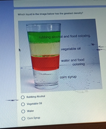 Which liquid in the image below has the greatest density?
Rubbing Alcohoi
Vegetable Oil
Water
Com Syrup