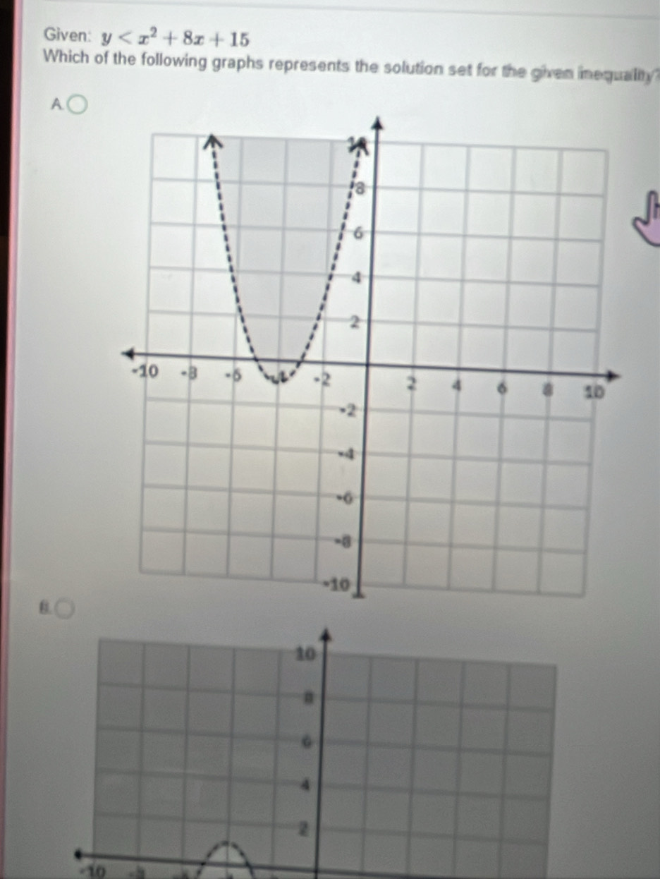 Given: y
Which of the following graphs represents the solution set for the given inequality
A
B.
10
n
4
2
- 10