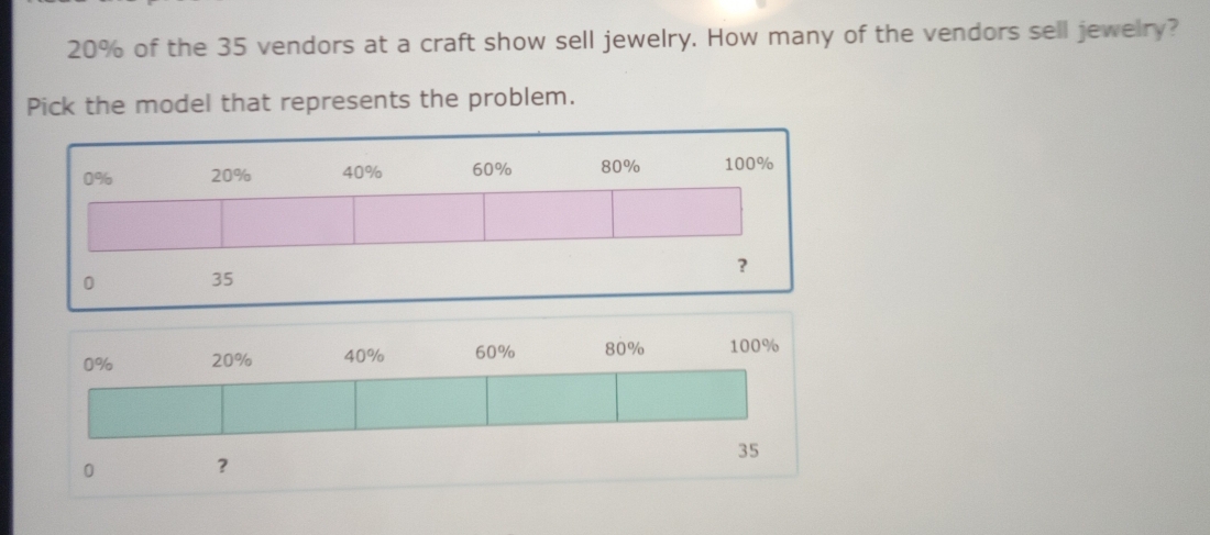 20% of the 35 vendors at a craft show sell jewelry. How many of the vendors sell jewelry? 
Pick the model that represents the problem.
0% 20% 40% 60% 80% 100%
0 35 ?
0% 20% 40% 60% 80% 100%
35
0 ?